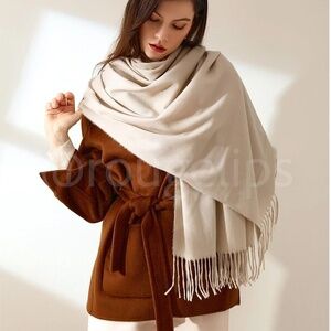 Beige Cream Wide Shawl Scarf With Tassels